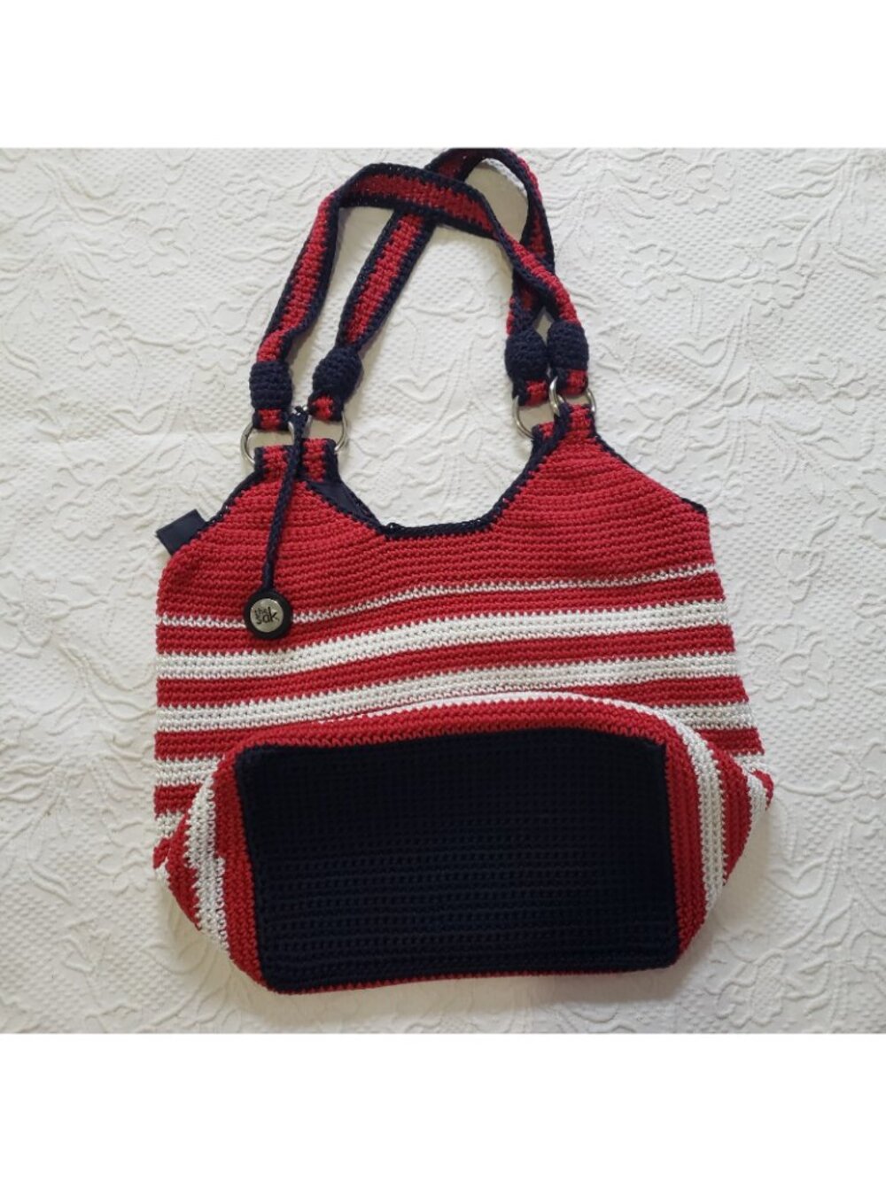 The Sak Hobo Tote Bucket Handbag Large Red White Blue Patriot Flag Stars H8 - Picture 2 of 10